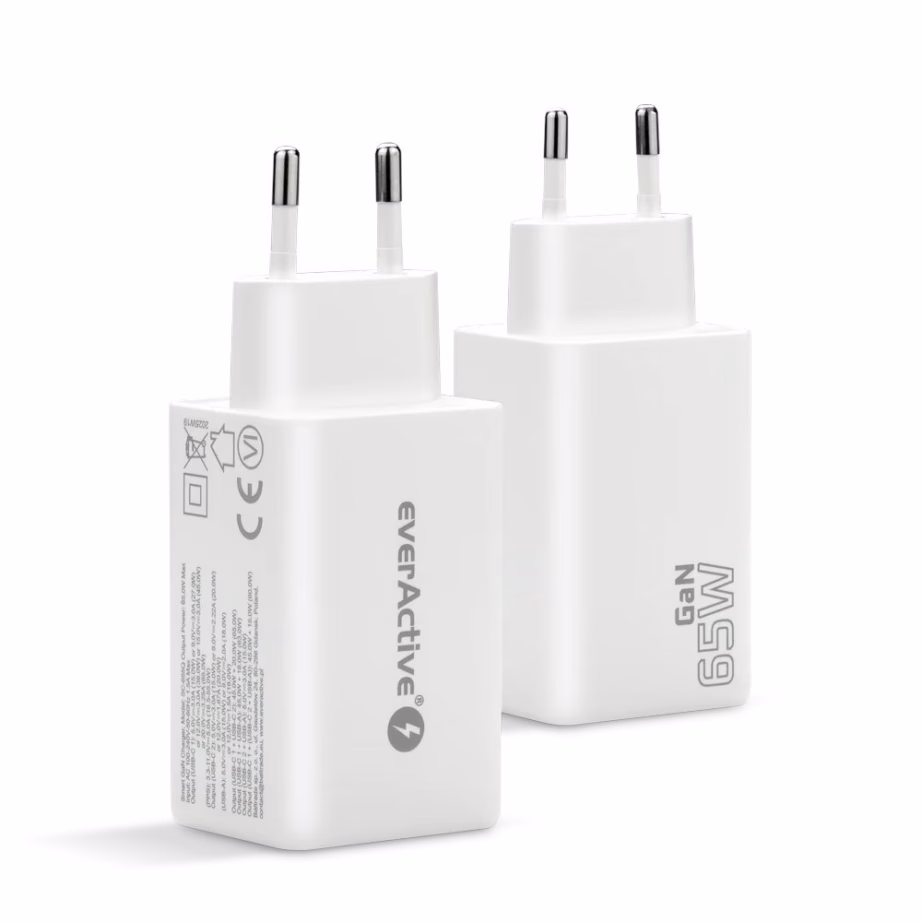 GaN-seinalaadija everActive 65 W, 1 × USB-A ja 2 × USB-C, Quick Charge 4+, valge - 6
