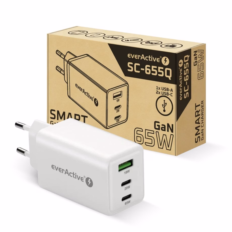 GaN-seinalaadija everActive 65 W, 1 × USB-A ja 2 × USB-C, Quick Charge 4+, valge - 7