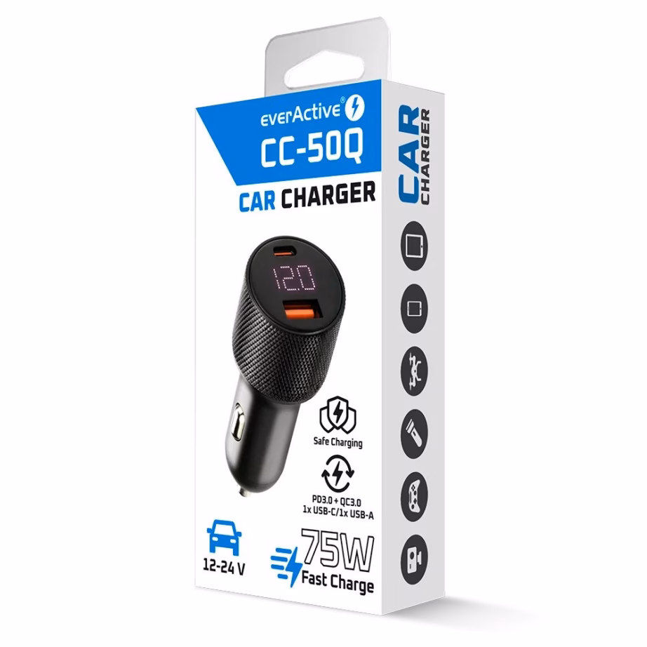 Autolaadija everActive CC-50Q, 2 väljundit, USB QC3.0 ja USB-C PD, 75 W - 7