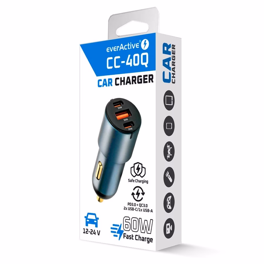 Autolaadija everActive CC-40Q, USB Quick Charge 3.0 ja USB‑C PD kuni 60 W - 7