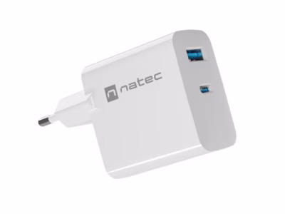 Seinalaadija NATEC Ribera GaN, 65 W, USB-C PD 3.0 ja USB-A, valge