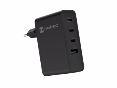 Võrgulaadija NATEC NUC-2234, 100 W GaN, 3 × USB-C + USB-A, PD 3.0, must