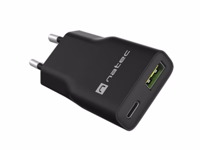 Võrgulaadija NATEC Ribera GaN Slim, 1× USB-A + 1× USB-C, 20 W, must