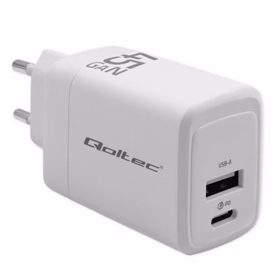 Võrgulaadija Qoltec 51825 GaN 45 W, 1×USB-C PD + 1×USB QC 3.0, valge