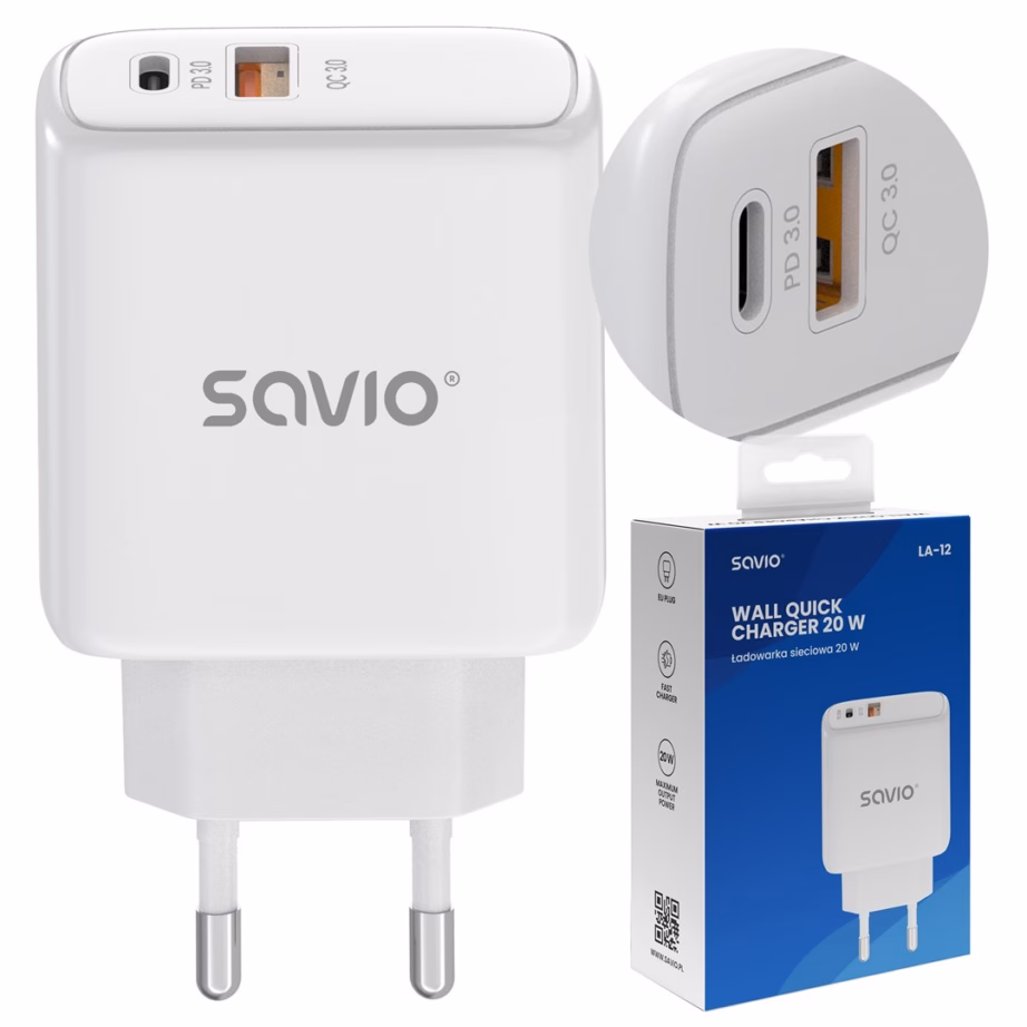 Seinalaadija SAVIO LA-12, 20 W, Power Delivery ja Quick Charge, 2 seadmele, valge - 6