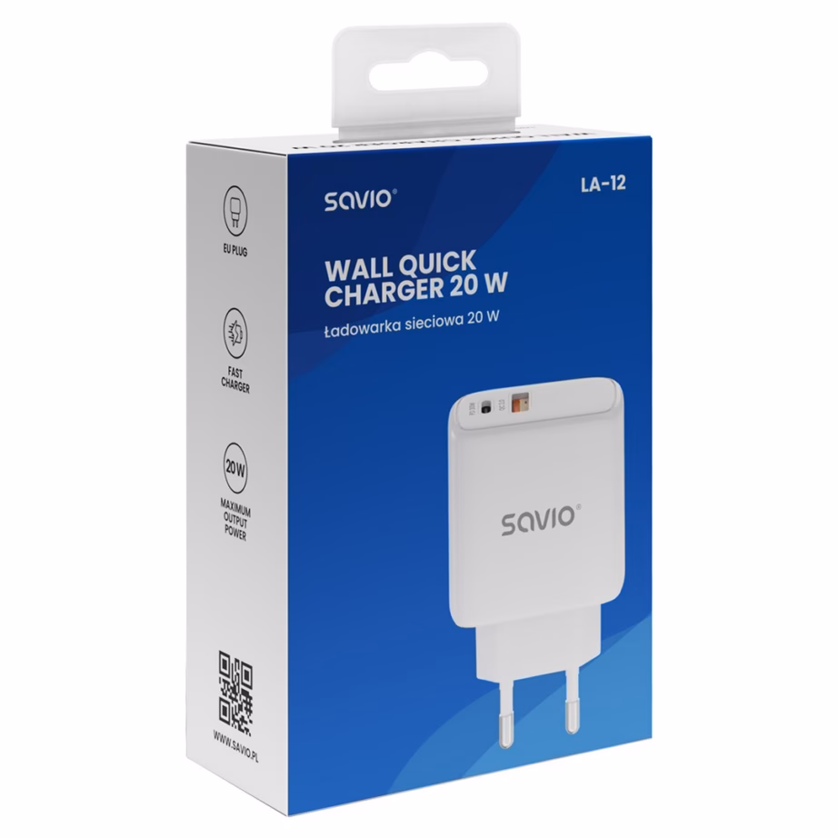 Seinalaadija SAVIO LA-12, 20 W, Power Delivery ja Quick Charge, 2 seadmele, valge - 7