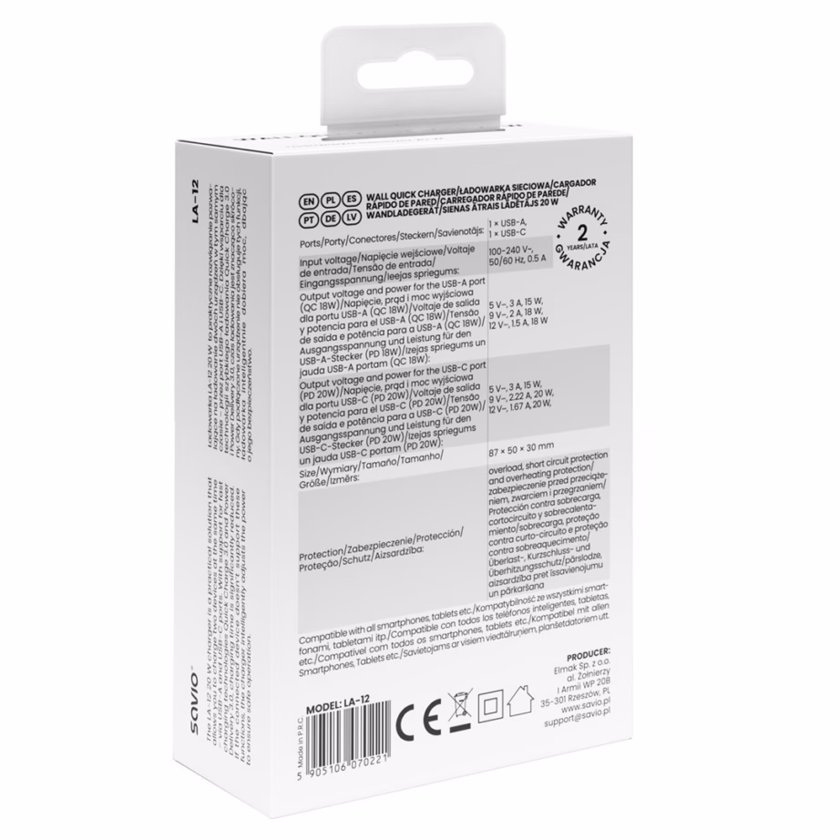 Seinalaadija SAVIO LA-12, 20 W, Power Delivery ja Quick Charge, 2 seadmele, valge - 8