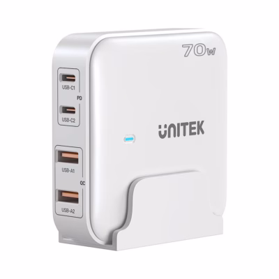 GaN võrgulaadija UNITEK P1228AWH01-EU, 70 W, 2× USB-C ja 2× USB-A, valge