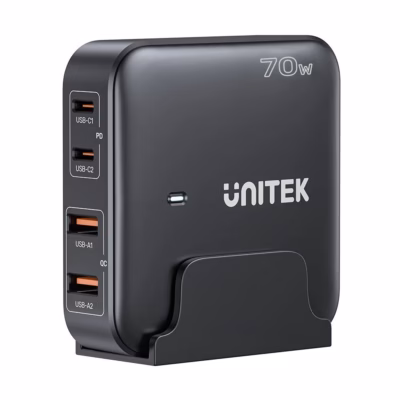 GaN võrgulaadija UNITEK P1228ABK01-EU, 70 W, 2× USB-C ja 2× USB-A, PPS
