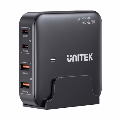 GaN-võrgulaadija UNITEK P1229ABK01-EU, 100 W, 2× USB-C + 2× USB-A, must