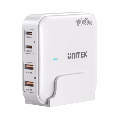 GaN seinlaadija UNITEK P1229AWH01-EU, 100 W, 2× USB-C ja 2× USB-A, valge