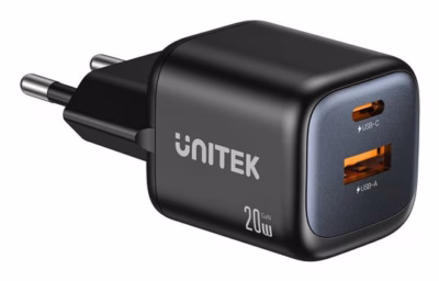 Seinalaadija UNITEK Zeno, 20 W GaN, USB-C + micro-USB, must