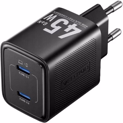 Võrgulaadija Vention 45 W PD GaN, 2 × USB‑C, must