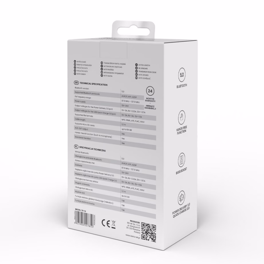 FM-transmitter Savio TR-14, Bluetooth, PD-laadija, 87,6–107,9 MHz, must - 12