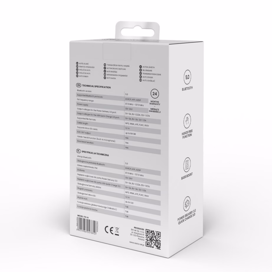 FM-transmitter Savio TR-14, Bluetooth, PD-laadija, 87,6–107,9 MHz, must - 22