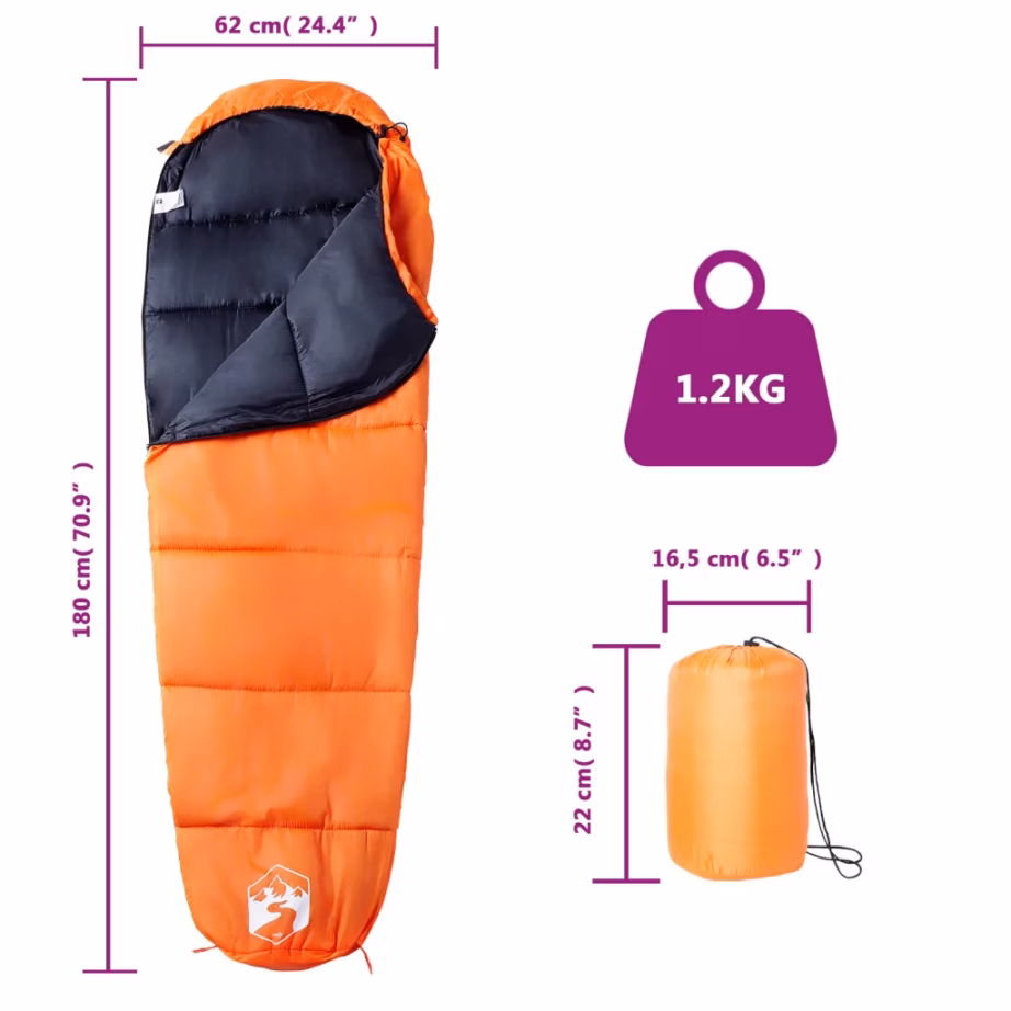 Muumia stiilis täiskasvanute magamiskott matkamiseks, oranž-must, 3-hooajaline, 180 x 62 cm - 5