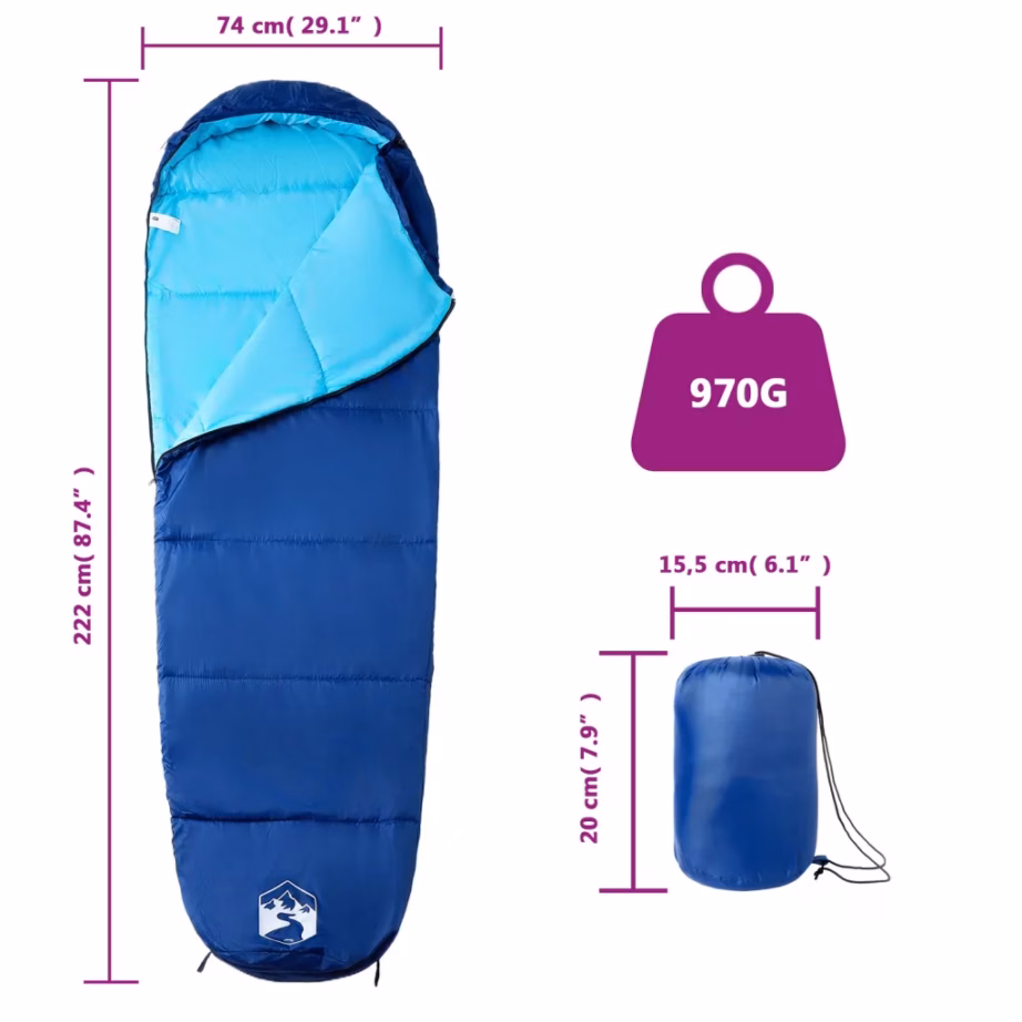 Muumia magamiskott täiskasvanutele, 3-hooaja, 15–25 °C, tumesinine/sinine, 222 x 74 cm, kandekotiga - 5