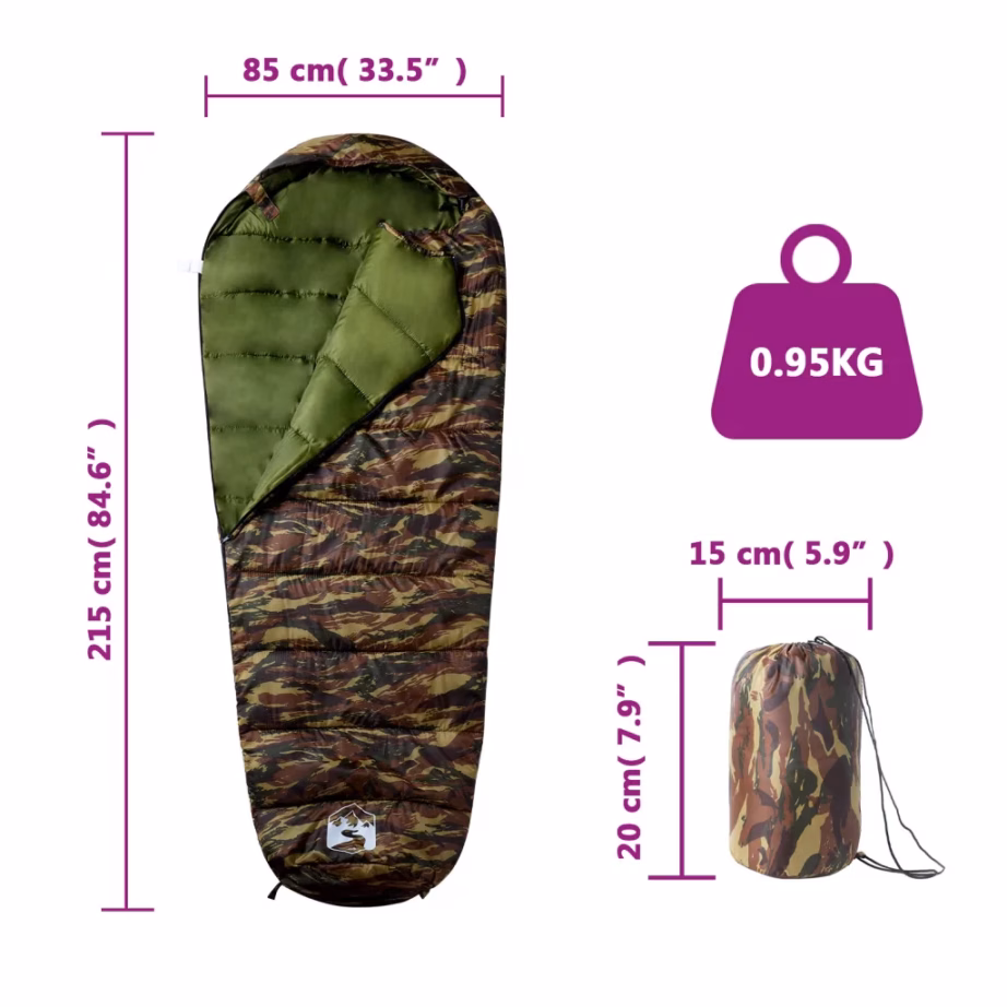 Muumia stiilis täiskasvanute magamiskott, kamuflaaž, 3 hooaega, 215 x 85 cm - 5