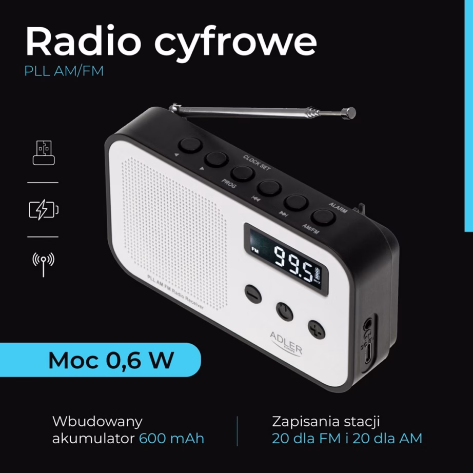 Kaasaskantav raadio Adler AD 1907, FM/AM, LCD-ekraan, äratuskell, USB‑C, 600 mAh - 9