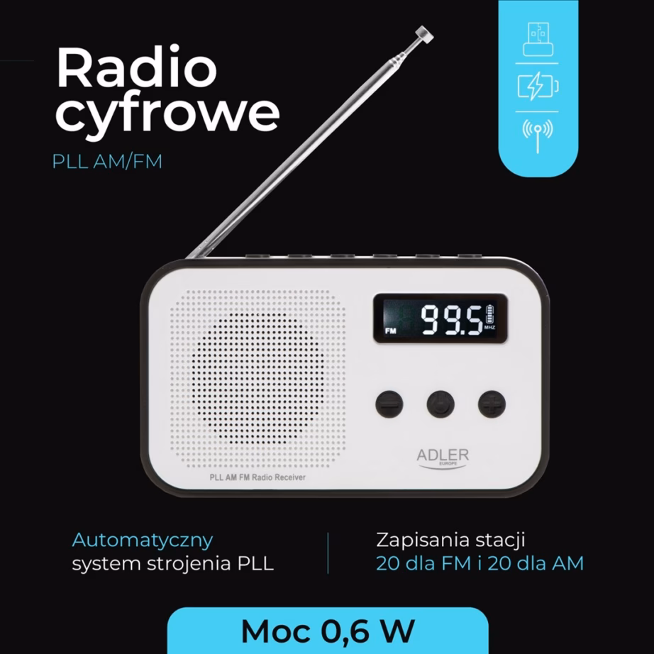 Kaasaskantav raadio Adler AD 1907, FM/AM, LCD-ekraan, äratuskell, USB‑C, 600 mAh - 10