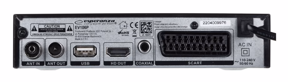 DVB-T2 TV-tuuner Esperanza EV106P, H.265/HEVC, HDMI 1.3 ja SCART, must - 4