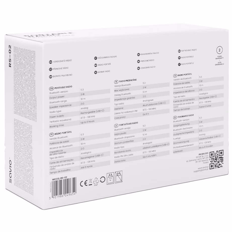 Kaaskantav raadio SAVIO RS-02, Bluetooth 5.3 ja MP3-esitus, valge - 7