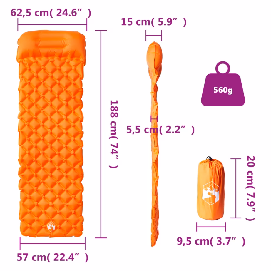 Täispuhutav matkamadrats padjaga, 1 inimesele, oranž, 188 x 62,5 x 5,5 cm - 6