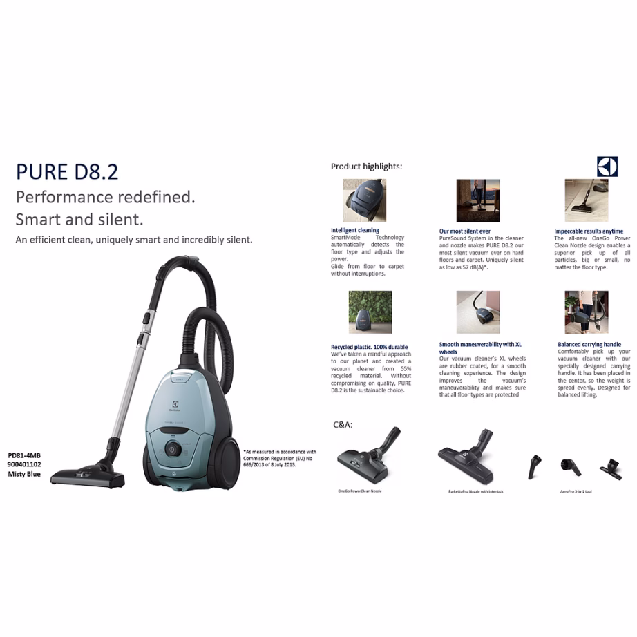Tolmukotiga tolmuimeja Electrolux PD82-4MB SmartMode, 600 W, 57 dB, 3,5 l, sinine - 11