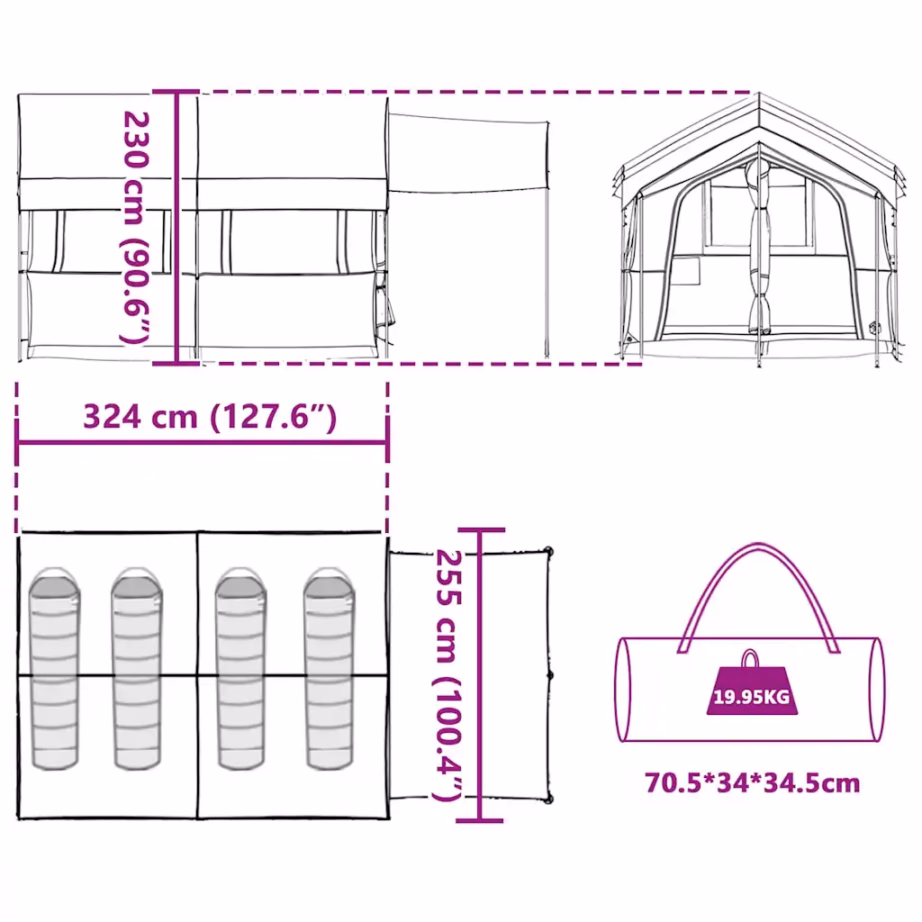 Veekindel peretelk verandaga 4 inimesele, sinine-hall, 324 x 255 x 230 cm - 11
