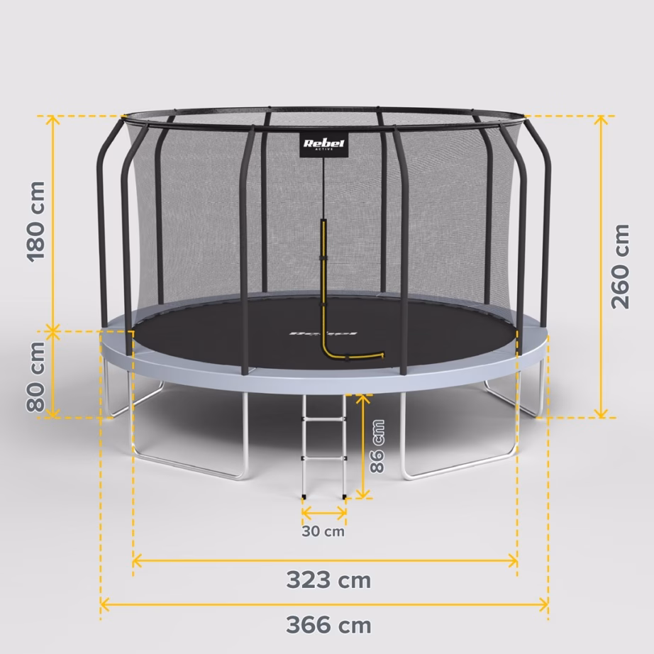 Aiatrampoliin Rebel Active Trampoline Pro 12 ft (Ø 366 cm), sisemise turvavõrgu ja redeliga - 8