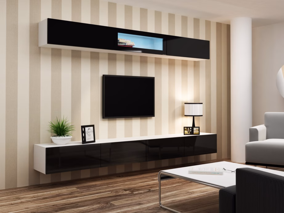 TV-alus Cama MEBLE VIGO 140, 140 × 40 × 30 cm, valge matt ja must läikiv uks - 10