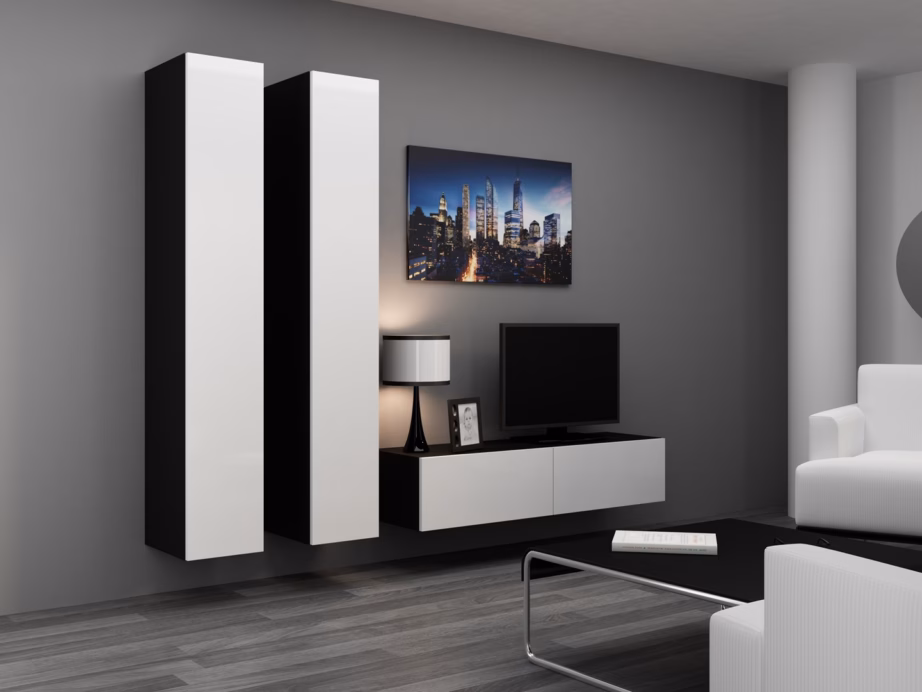 TV-alus Cama MEBLE VIGO 140, 140 × 40 × 30 cm, must pealispind ja valged läikivad uksed - 2