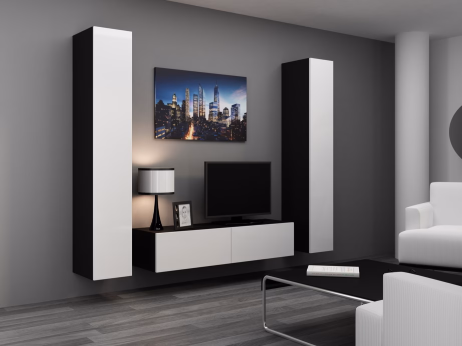 TV-alus Cama MEBLE VIGO 140, 140 × 40 × 30 cm, must pealispind ja valged läikivad uksed - 3