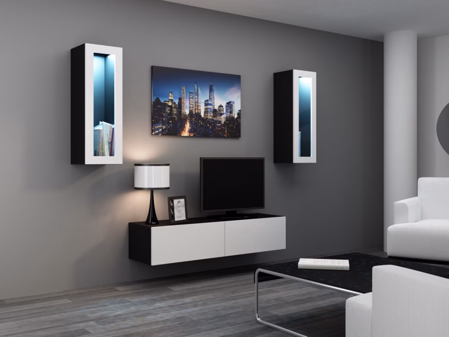 TV-alus Cama MEBLE VIGO 140, 140 × 40 × 30 cm, must pealispind ja valged läikivad uksed - 4