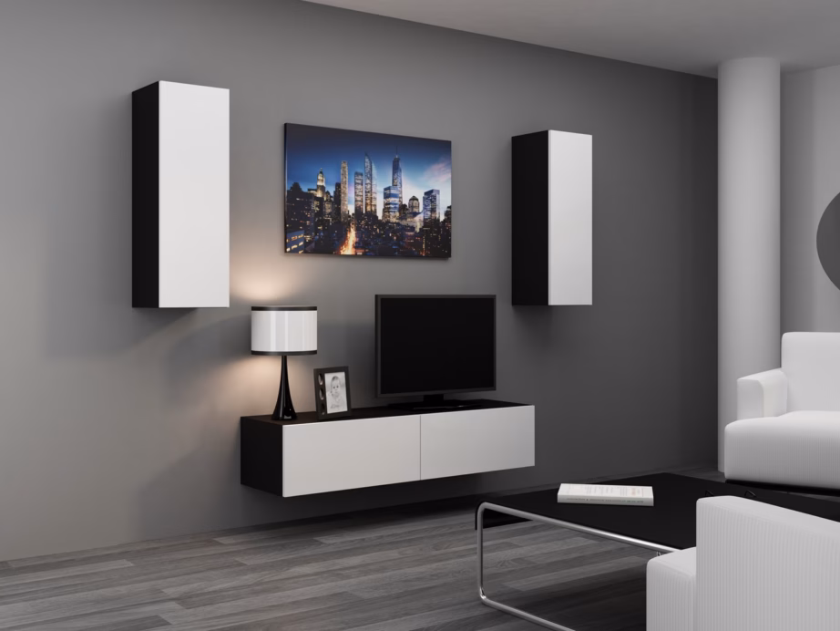 TV-alus Cama MEBLE VIGO 140, 140 × 40 × 30 cm, must pealispind ja valged läikivad uksed - 5