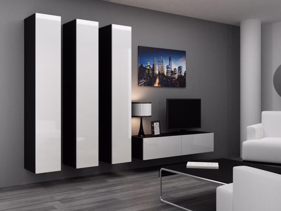 TV-alus Cama MEBLE VIGO 140, 140 × 40 × 30 cm, must pealispind ja valged läikivad uksed - 6