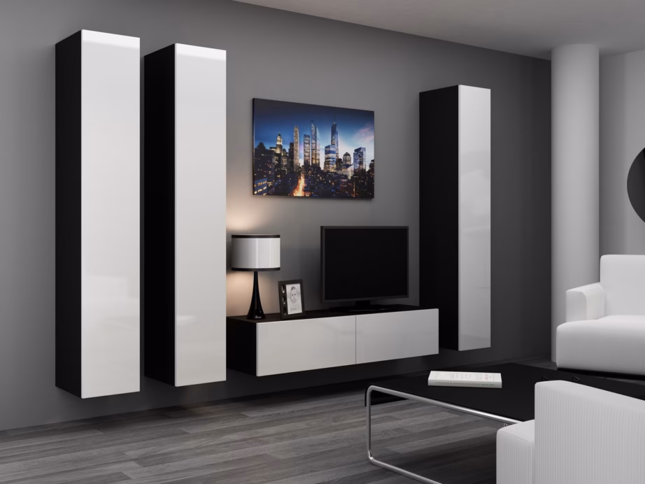 TV-alus Cama MEBLE VIGO 140, 140 × 40 × 30 cm, must pealispind ja valged läikivad uksed - 7