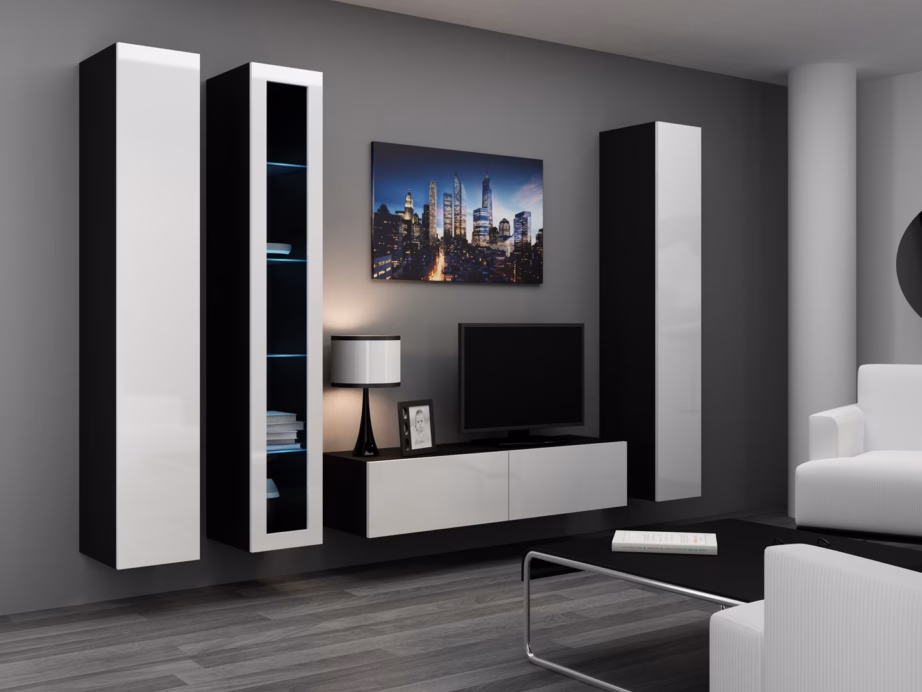 TV-alus Cama MEBLE VIGO 140, 140 × 40 × 30 cm, must pealispind ja valged läikivad uksed - 8