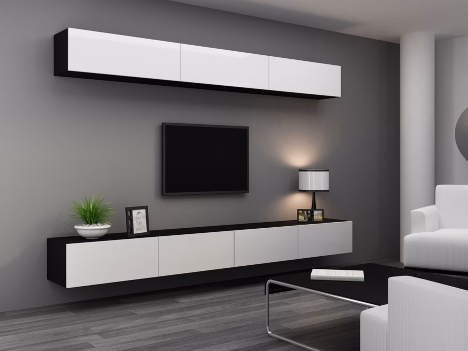 TV-alus Cama MEBLE VIGO 140, 140 × 40 × 30 cm, must pealispind ja valged läikivad uksed - 9