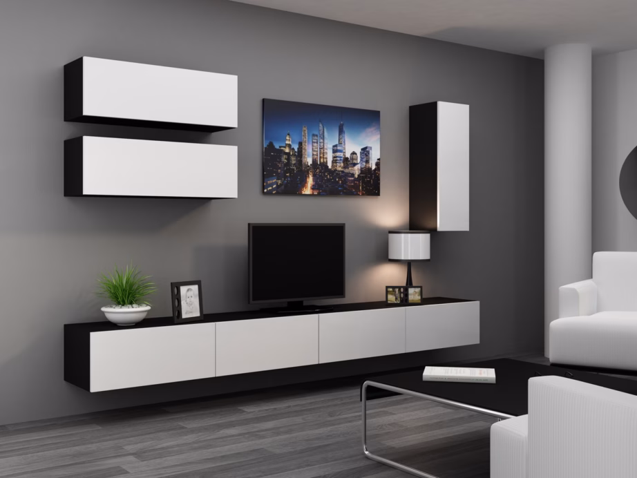 TV-alus Cama MEBLE VIGO 140, 140 × 40 × 30 cm, must pealispind ja valged läikivad uksed - 10