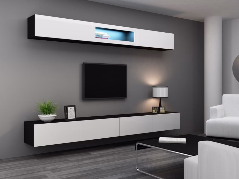 TV-alus Cama MEBLE VIGO 140, 140 × 40 × 30 cm, must pealispind ja valged läikivad uksed - 11