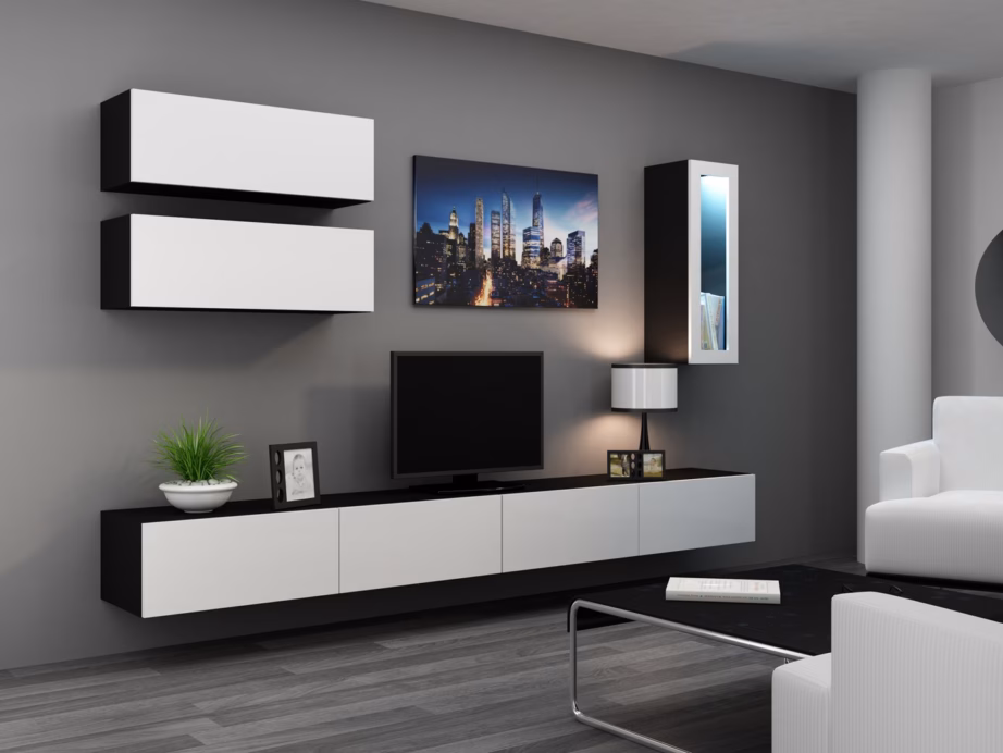 TV-alus Cama MEBLE VIGO 140, 140 × 40 × 30 cm, must pealispind ja valged läikivad uksed - 12