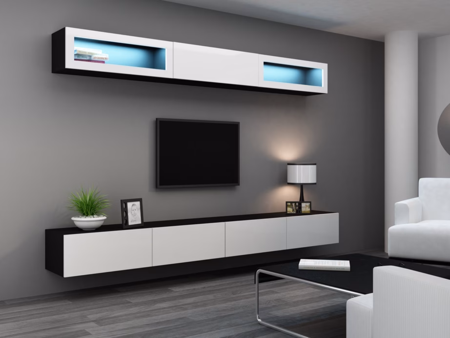 TV-alus Cama MEBLE VIGO 140, 140 × 40 × 30 cm, must pealispind ja valged läikivad uksed - 13