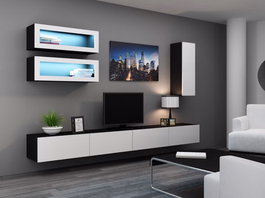 TV-alus Cama MEBLE VIGO 140, 140 × 40 × 30 cm, must pealispind ja valged läikivad uksed - 14