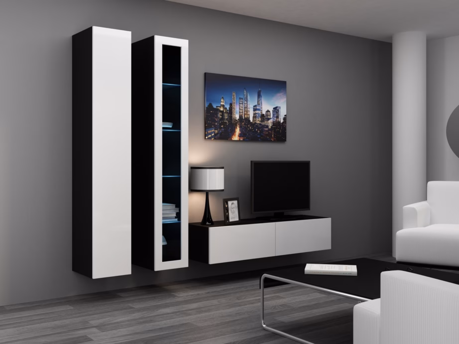 TV-alus Cama MEBLE VIGO 140, 140 × 40 × 30 cm, must pealispind ja valged läikivad uksed - 15