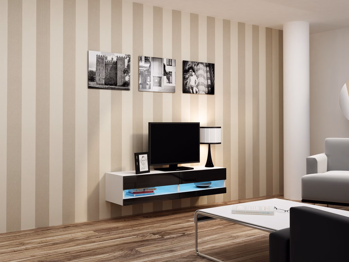 TV-alus Cama MEBLE VIGO NEW, 140 × 40 × 30 cm, valge ja must kõrgläige