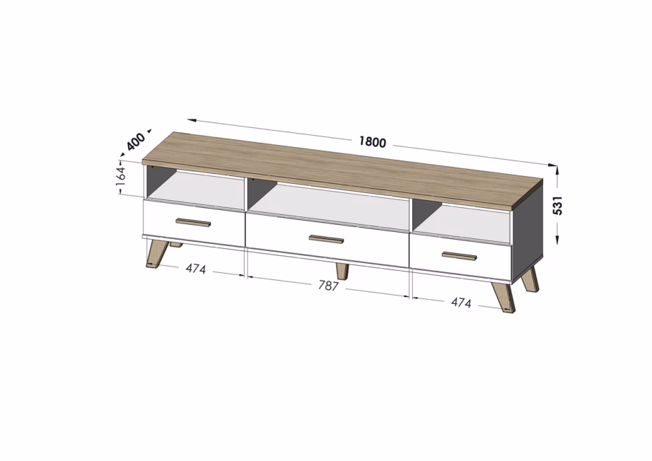 TV-alus Cama MEBLE LOTTA, 180 cm, valge ja sonoma tamm, 3 sahtlit - 4