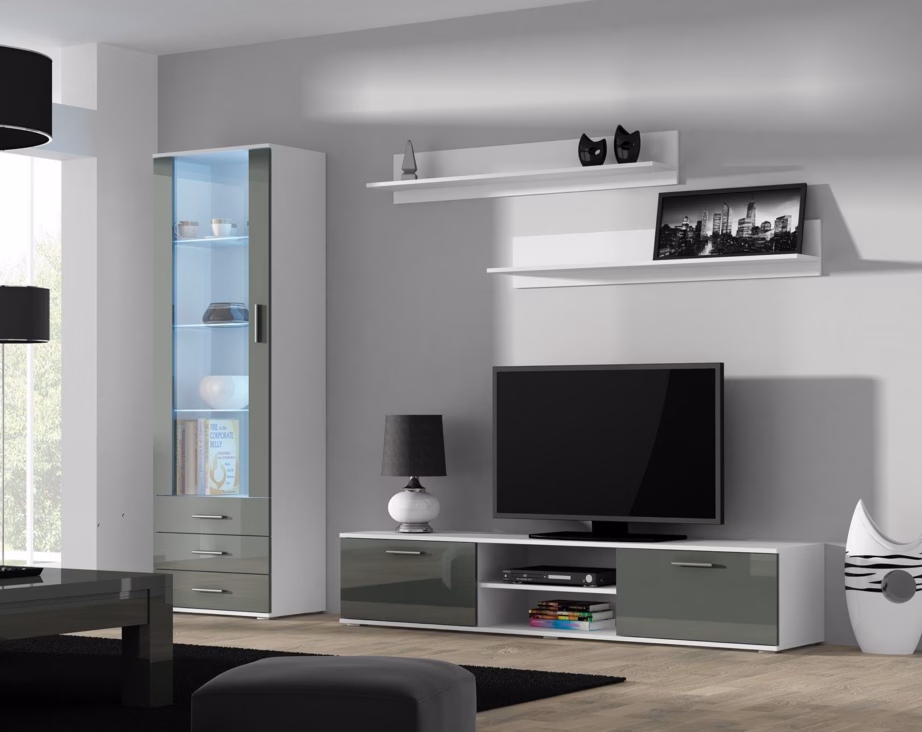 TV-alus Cama MEBLE SOHO 180, 180 cm, valge/hall, läikivate ustega - 9
