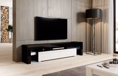 TV-alus Cama MEBLE TORO 200, 200 cm, must matt ja valge kõrgläige, 2 klaasriiulit