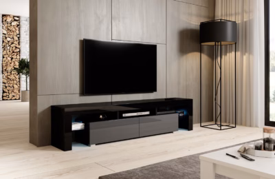 TV-alus Cama MEBLE TORO 200, 200 cm, must/hall, läikiv esipaneel